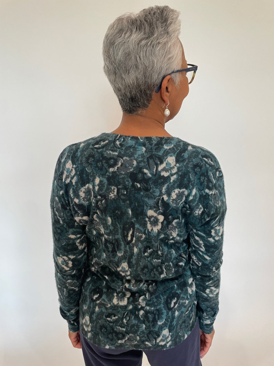 Autumn Cashmere Floral Sheer Distressed Crew Sweater in Malachite Combo available at Barbara Katz