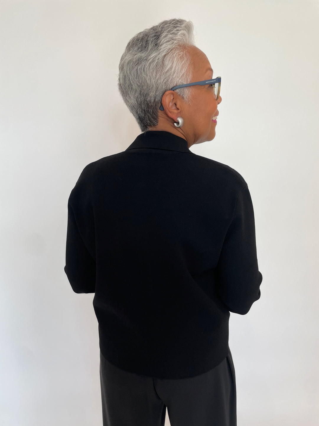 Autumn Cashmere Double Needle Topstitch Jacket in Black/Chino with Pono Lea Barile Earrings in  Silver available at Barbara Katz