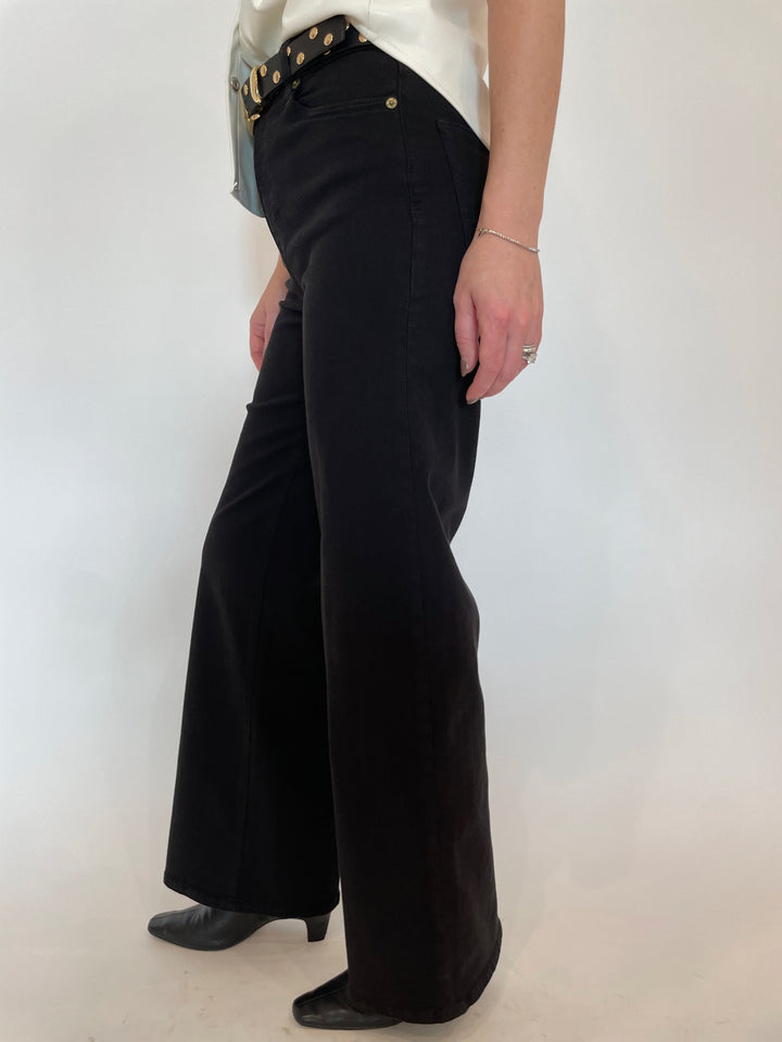 Frame Le Slim Palazzo Wide Leg Jeans in Black with B-Low The Belt Juniper Studded Leather Belt in Black Gold available at Barbara Katz