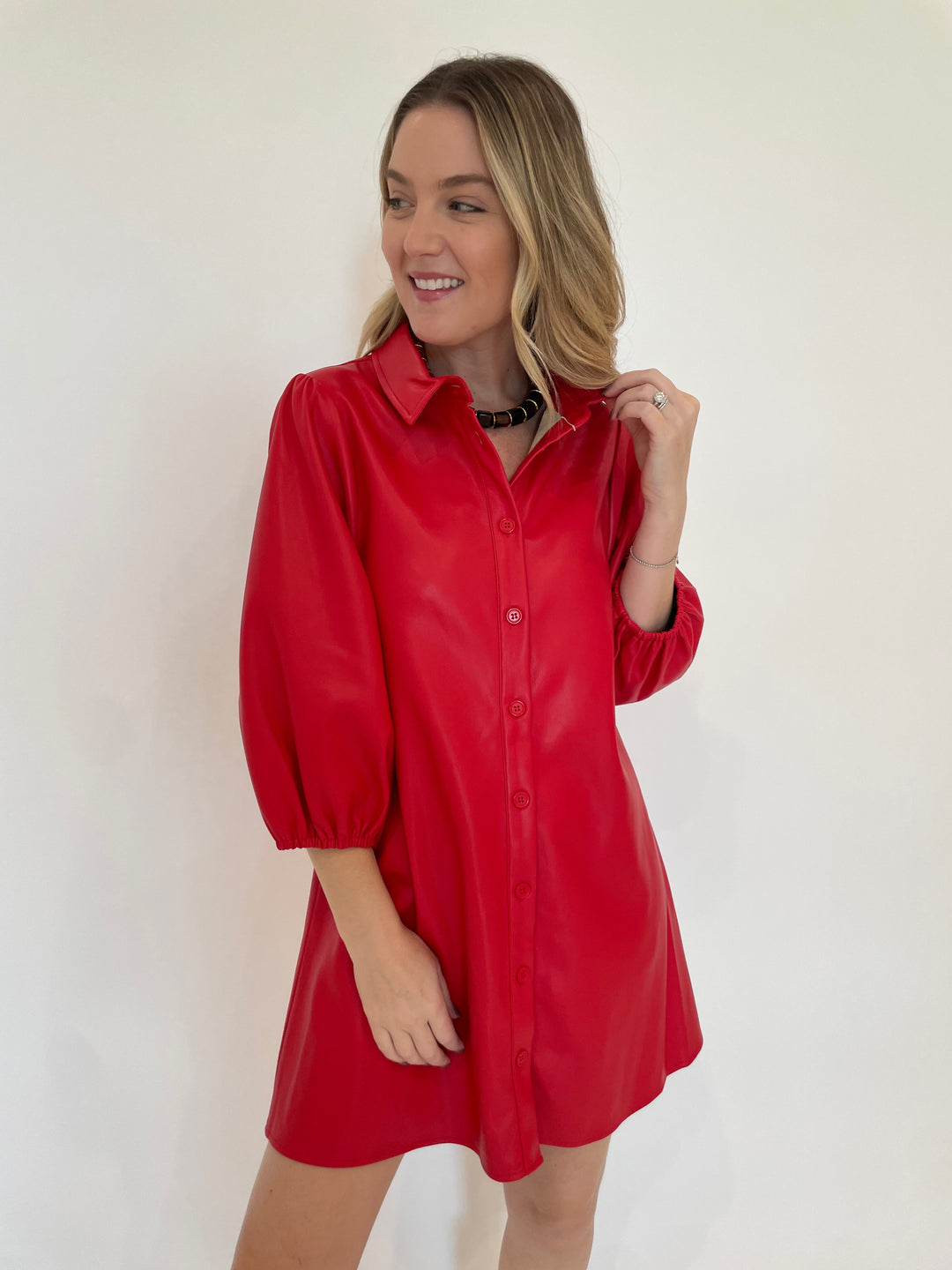 BK Anya Vegan Leather Shirt Dress in Red with Pono Helaine Necklace in Tortuga available at Barbara Katz