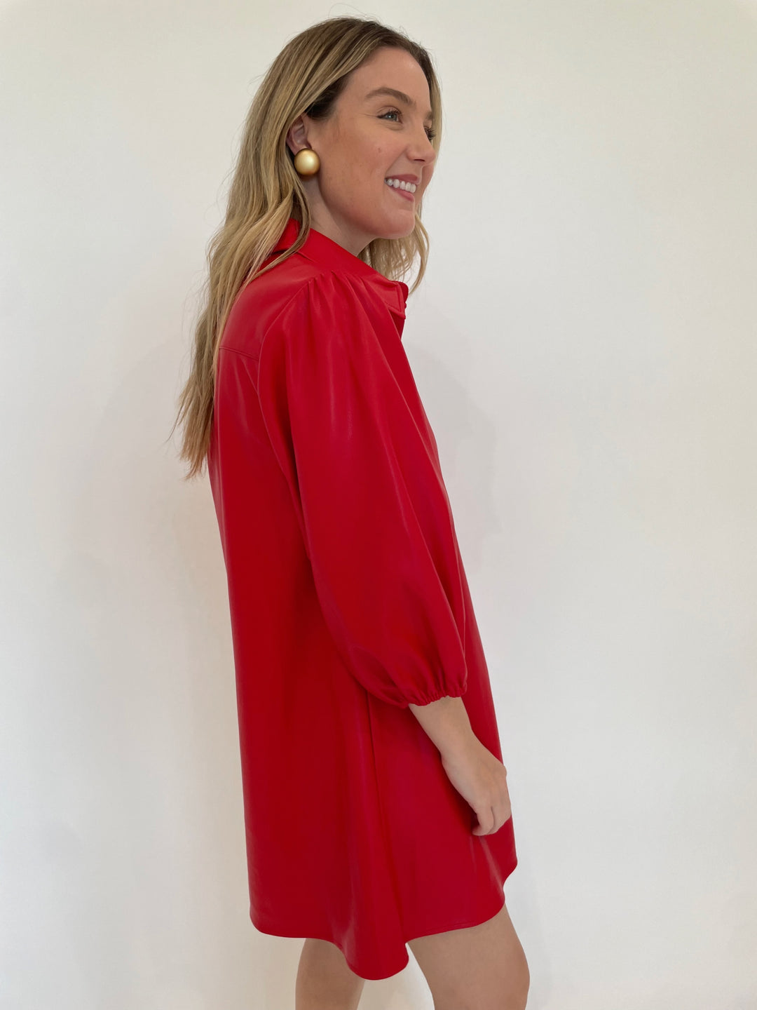 BK Anya Vegan Leather 3/4 Puff Sleeve Shirt Dress in Red with Pono Mollie Barile Clip Earrings in Gold available at Barbara Katz