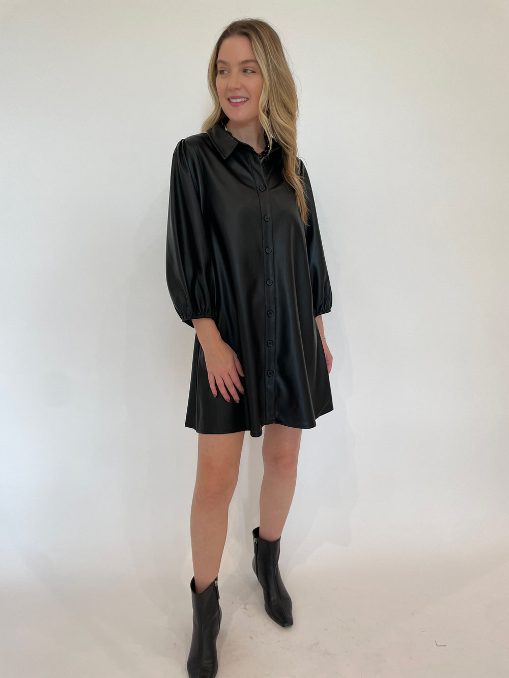 BK Anya Vegan Leather Mini Shirt Dress in Black with Pono Riley Necklace in Hickory available at Barbara Katz