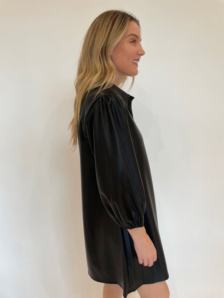 BK Anya Faux Leather 3/4 Sleeve Shirt Dress in Black available at Barbara Katz