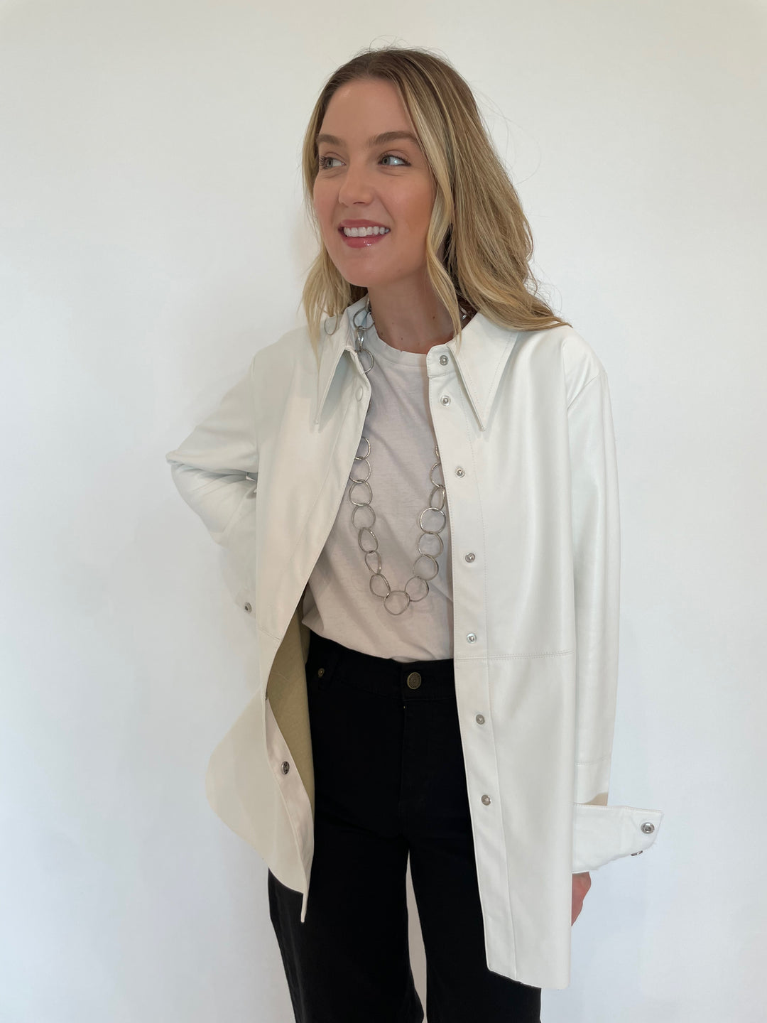 BK Julia Metallic Vegan Leather Shirt Jacket in White available at Barbara Katz