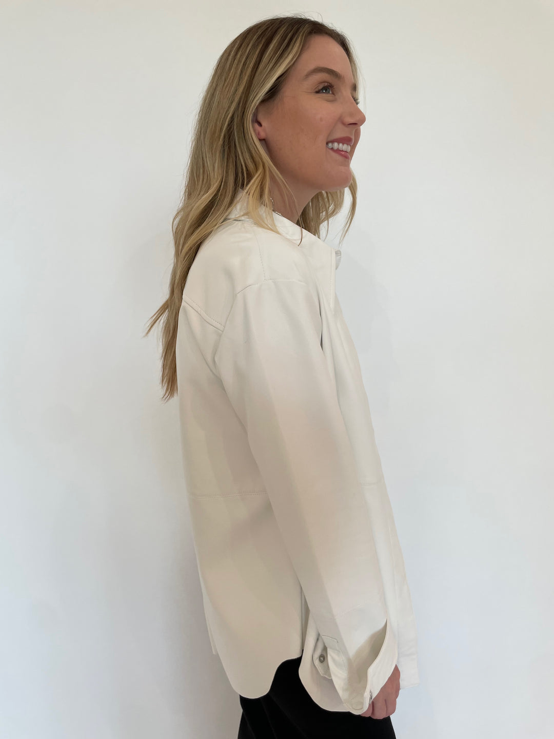 BK Julia Metallic Vegan Leather Long Sleeve Shacket in White available at Barbara Katz