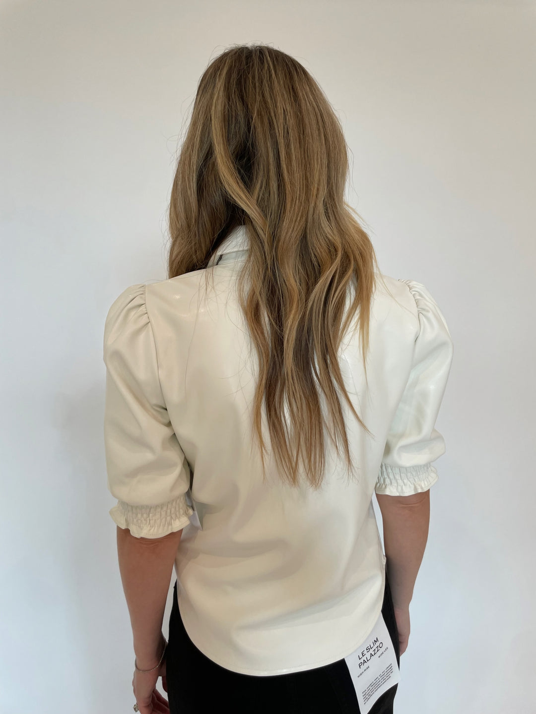 BK Senna Faux Leather Puff Sleeve Top in White available at Barbara Katz