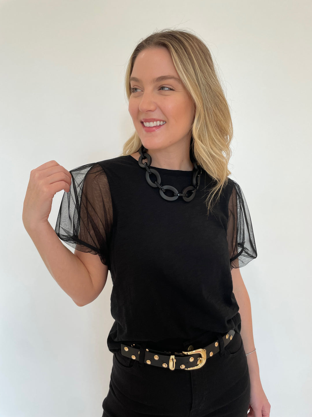 Goldie Tulle Princess Sleeve Tee in Black with Pono Linda Barile Necklace in Matte Black, B-Low the Belt Juniper Studded Leather Belt in Black Gold available at Barbara Katz