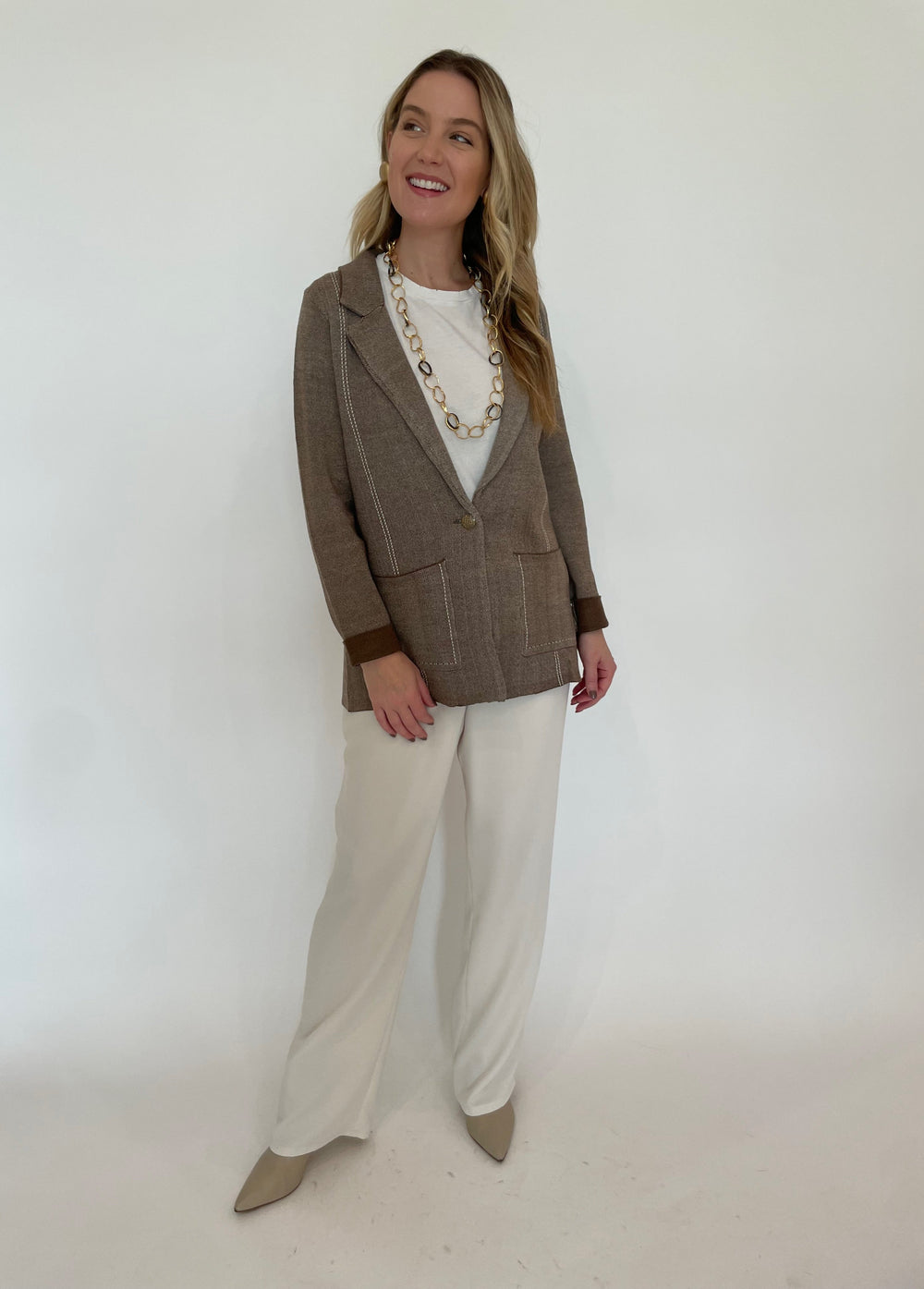 BK Hazel Knit Blazer in Light Brandy/Ivory paired with Peace of Cloth Jules Paramount Knit Pants in Oyster available at Barbara Katz