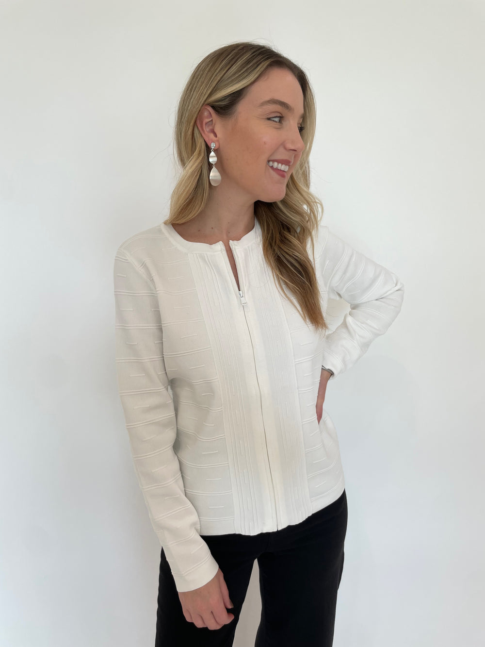 BK Juliet Zip-Front Viscose Knit Jacket  in Ivory available at Barbara Katz