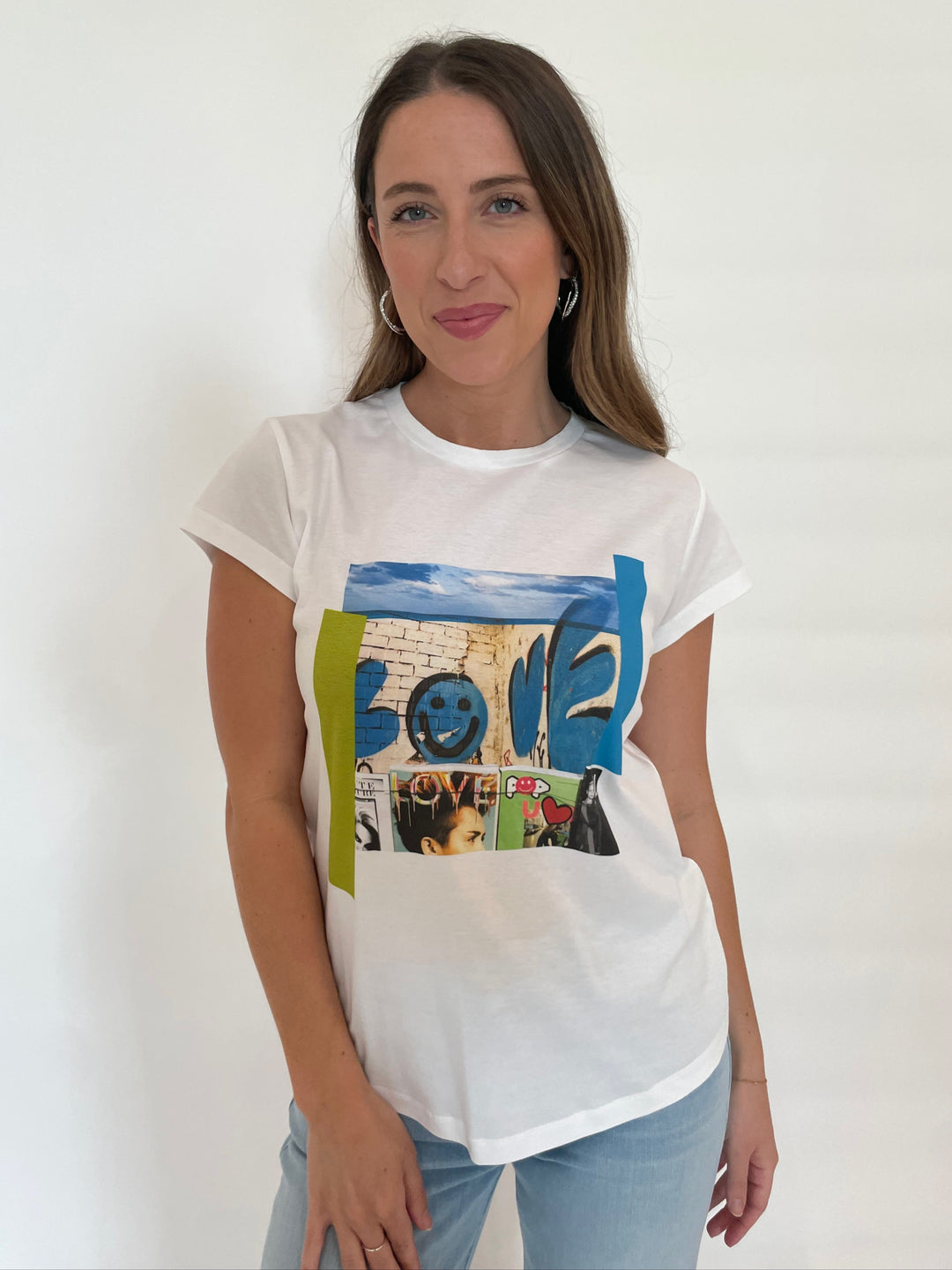 Suzi Roher Karlie Crew Neck Tee in White With Pie in the Sky Graphic available at Barbara Katz