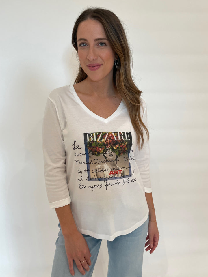 Suzi Roher Val 3/4 Sleeve V-Neck Tee in White in Bizarre Art Graphic available at Barbara Katz