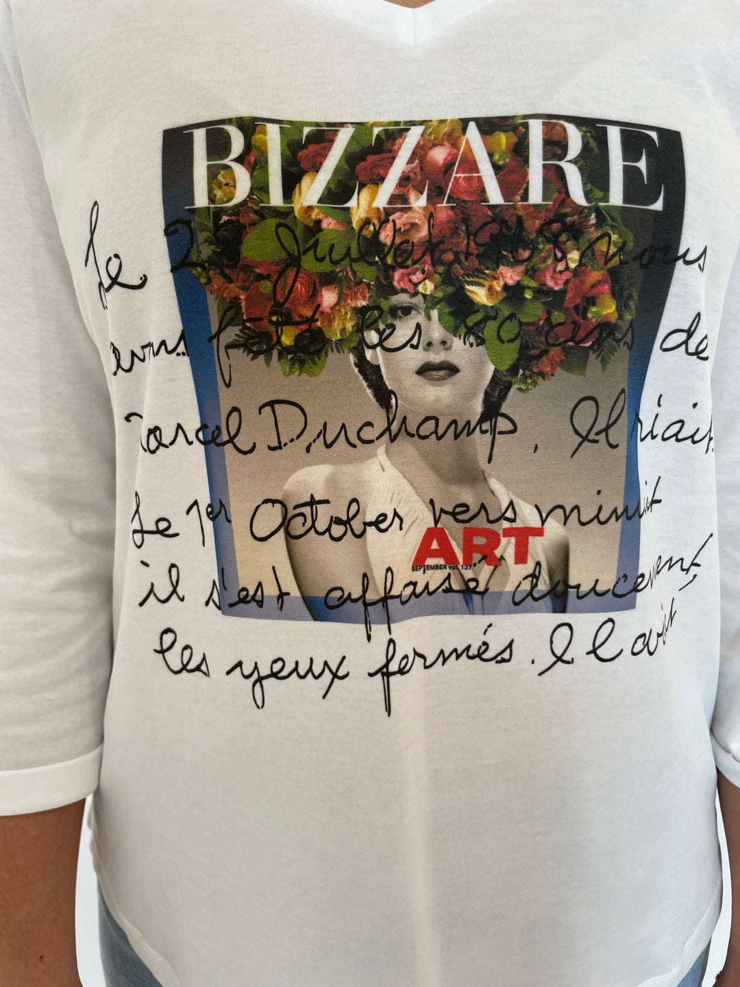 Suzi Roher Val 3/4 Sleeve V-Neck Tee in White in Bizarre Art Graphic available at Barbara Katz