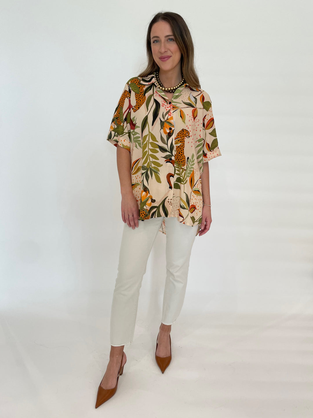 Aldomartins Tais Jungle Print Shirt paired with White Jeans available at Barbara Katz