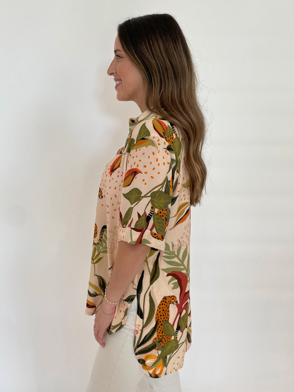 Aldomartins Tais Jungle Print Short Sleeve Blouse available at Barbara Katz