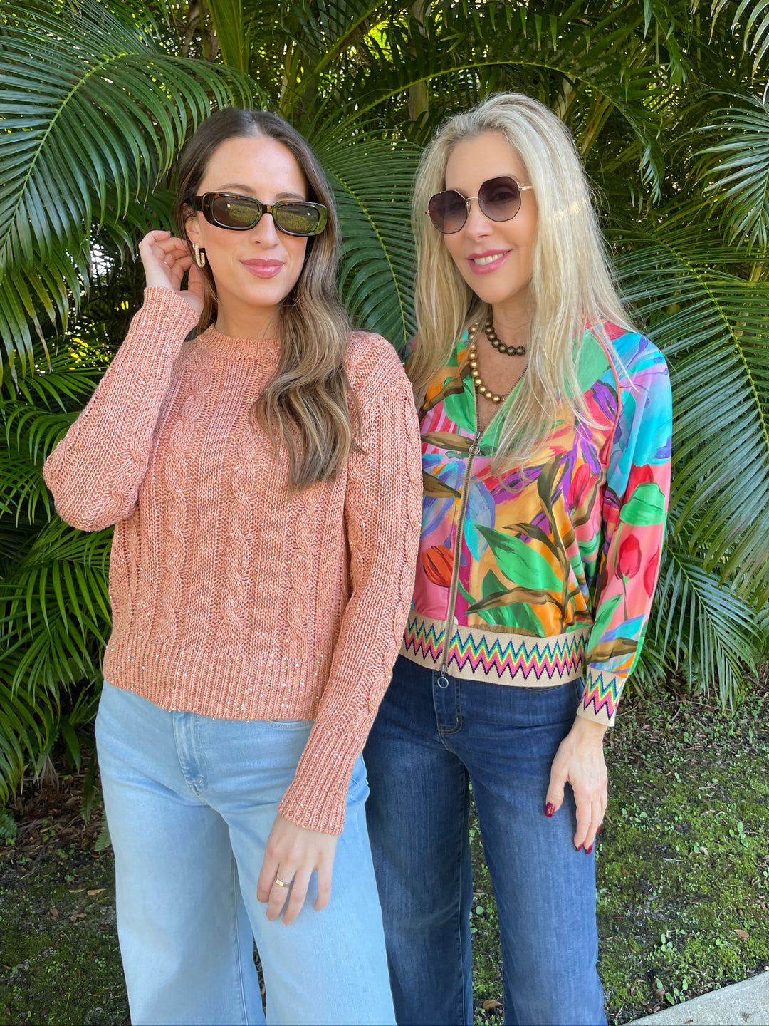 kinross Monica Sequin Cable Crew Sweater in Sunset and Aldomartins Lydia Tropical Print Blouse available at Barbara Katz