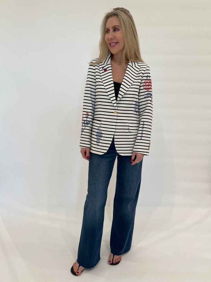 Vilagallo Ivonne Plant Raya Stripes Blazer in Marine/Multi paired with Frame Denim Le Slim Palazzo Raw After Jeans in Lupine available at Barbara Katz