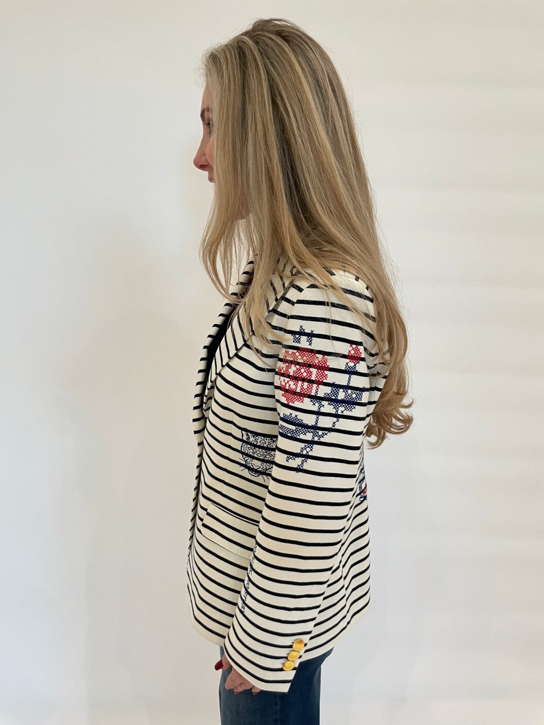 Vilagallo Ivonne Plant Raya Stripes Blazer in Marine/Multi available at Barbara Katz