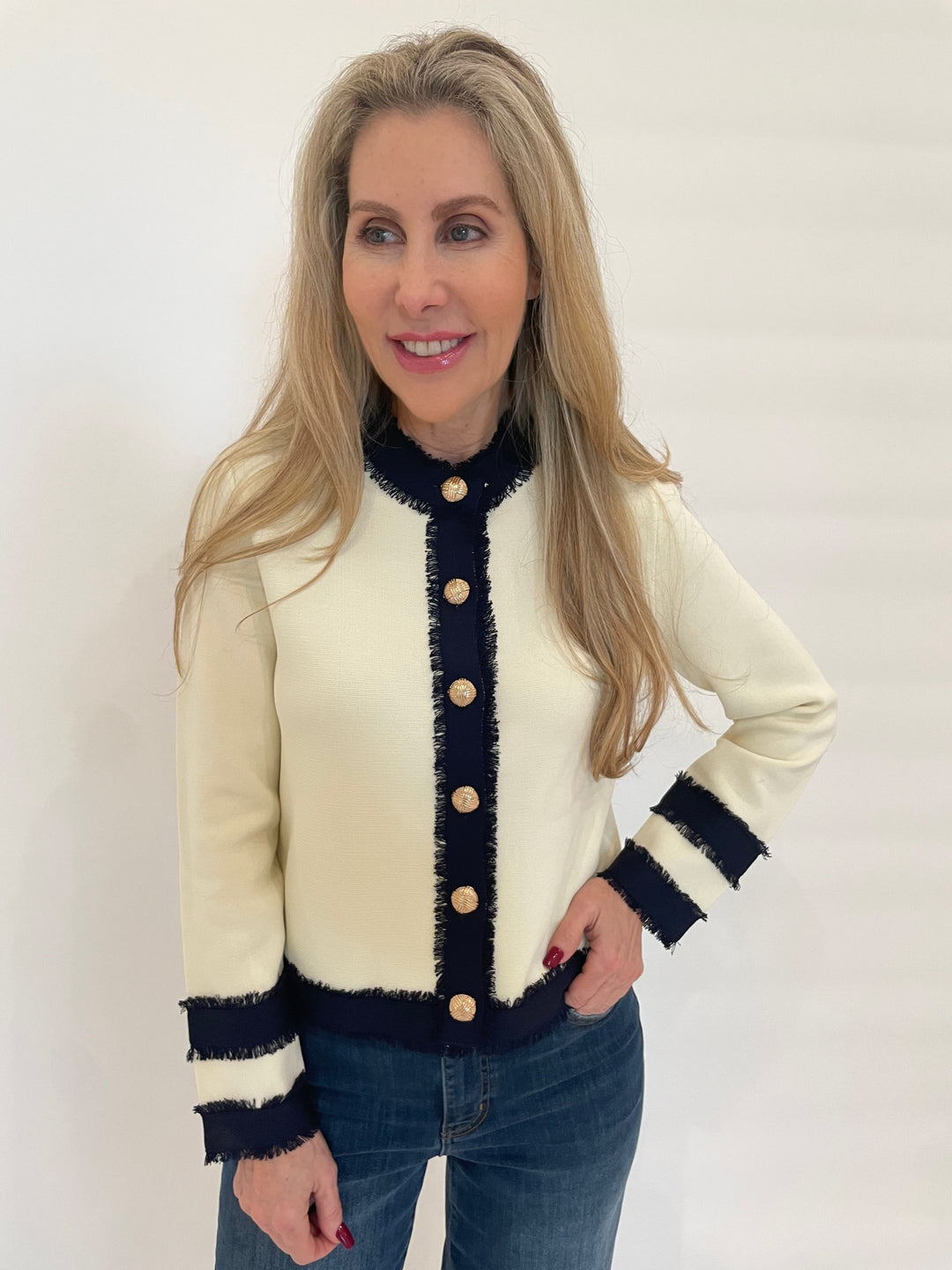 Vilagallo Isa Bicolor Knit Cardigan in Ecru/Navy available at Barbara Katz