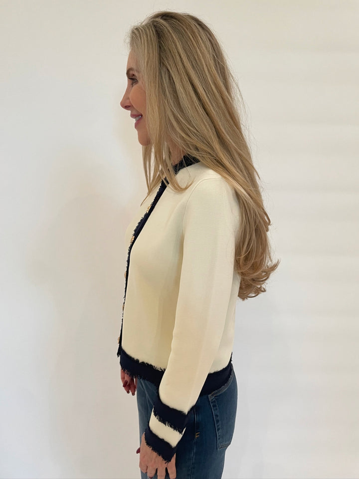 Vilagallo Isa Bicolor Long Sleeve Knit Cardigan in Ecru/Navy available at Barbara Katz