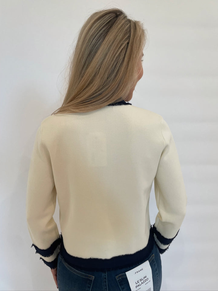 Vilagallo Isa Bicolor Knit Cardigan in Ecru/Navy available at Barbara Katz