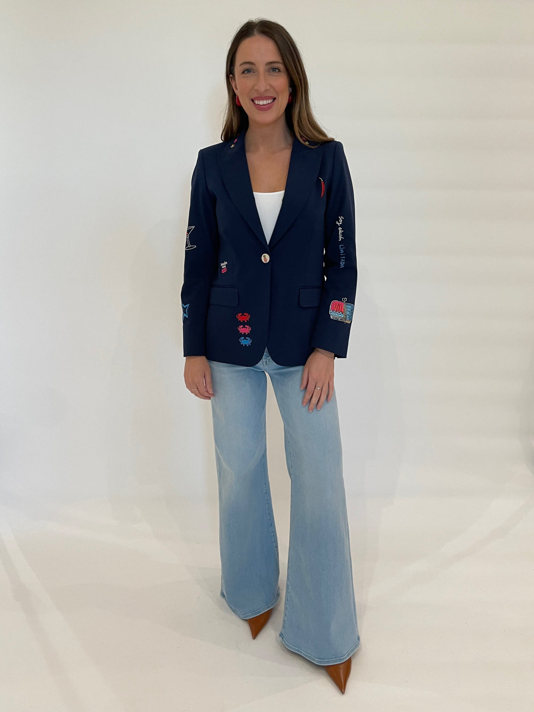 Vilagallo Nella Punto Roma Embroidered Blazer in Navy paired with Mother Denim The Roller Sneak Jeans in Ball's In Your Court available at Barbara Katz