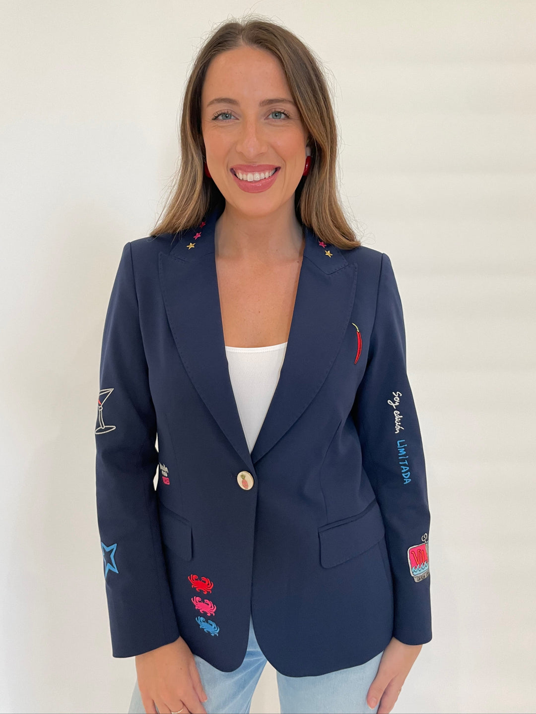 Vilagallo Nella Punto Roma Embroidered Blazer in Navy available at Barbara Katz