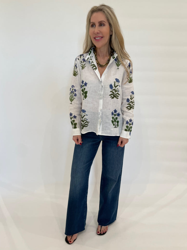 Vilagallo Andy Flor Azul Linen Shirt in Azul/Green paired with Frame Denim Le Slim Palazzo Raw After Jeans in Lupine available at Barbara Katz