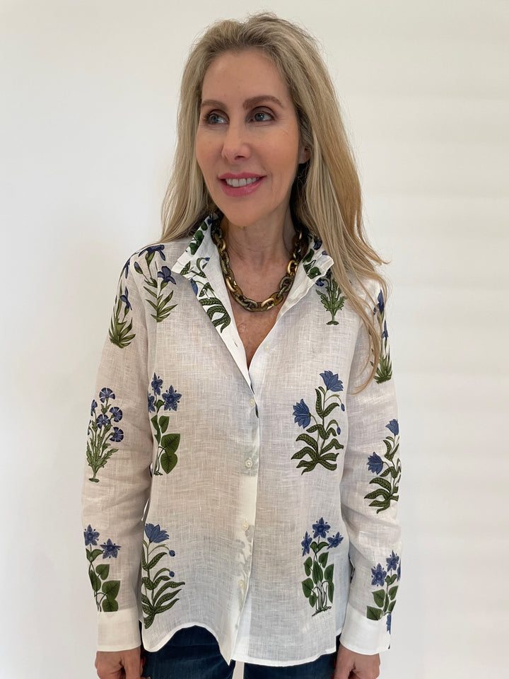 Vilagallo Andy Flor Azul Linen Shirt in Azul/Green available at Barbara Katz