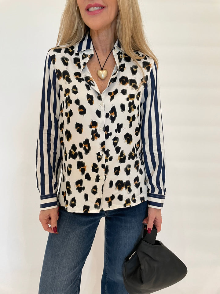 Vilagallo Tea Flores Leopard Printt Shirt in Black/Brown available at Barbara Katz