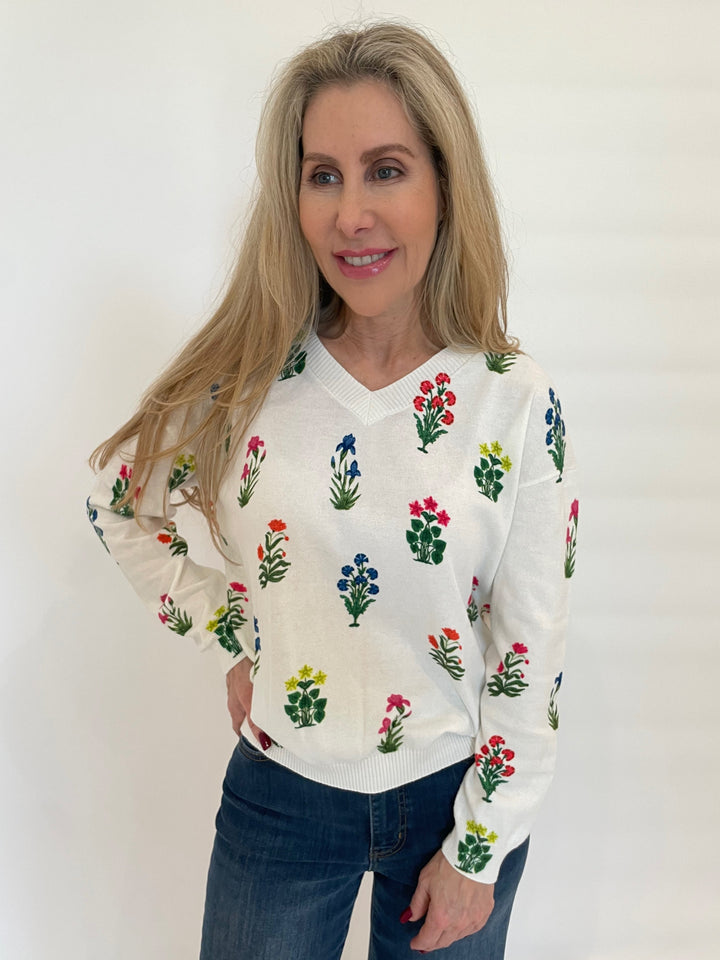 Vilagallo Jazmin V-Neck Floral Sweater in White/Multi available at Barbara Katz