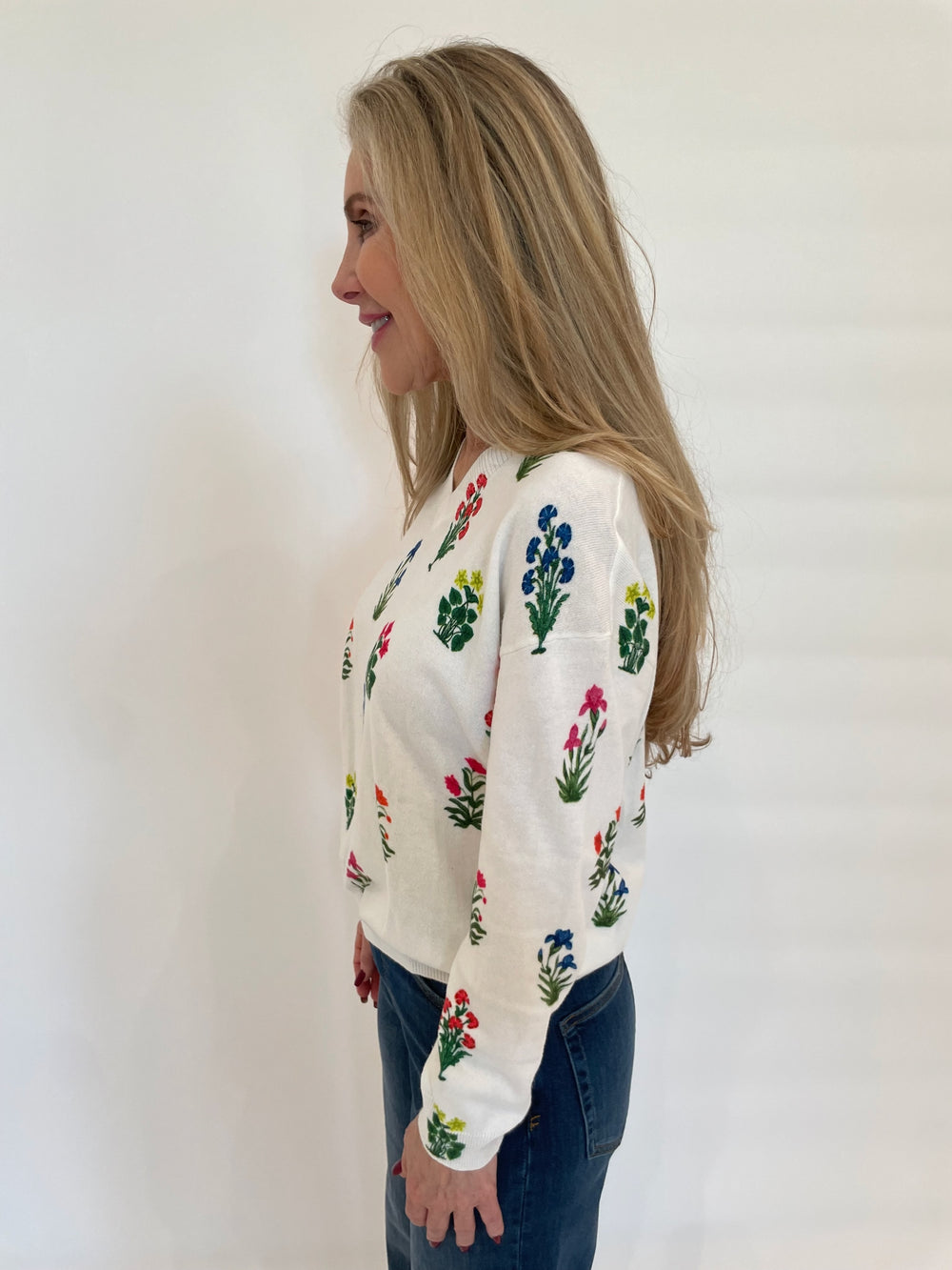 Vilagallo Jazmin V-Neck Floral Long Sleeve Sweater in White/Multi available at Barbara Katz