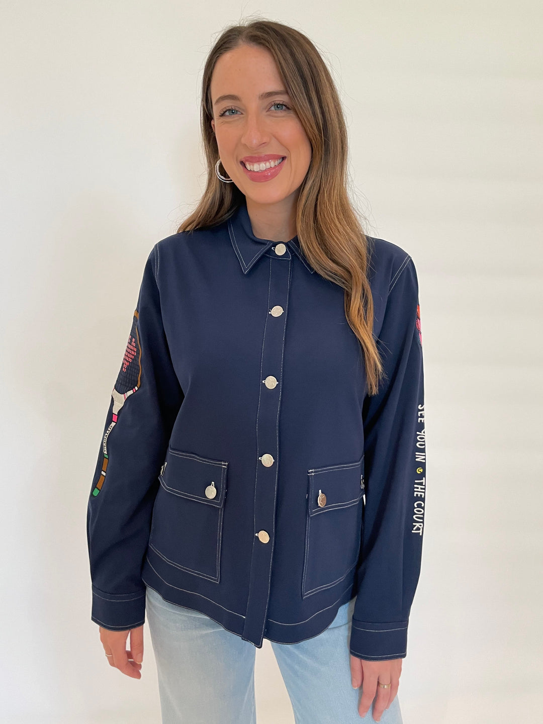 Vilagallo Frances Punto Roma Embroidered Jacket With Pockets in Navy available at Barbara Katz