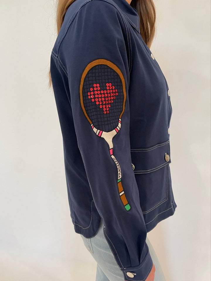 Vilagallo Frances Punto Roma Embroidered Jacket With Pockets in Navy available at Barbara Katz