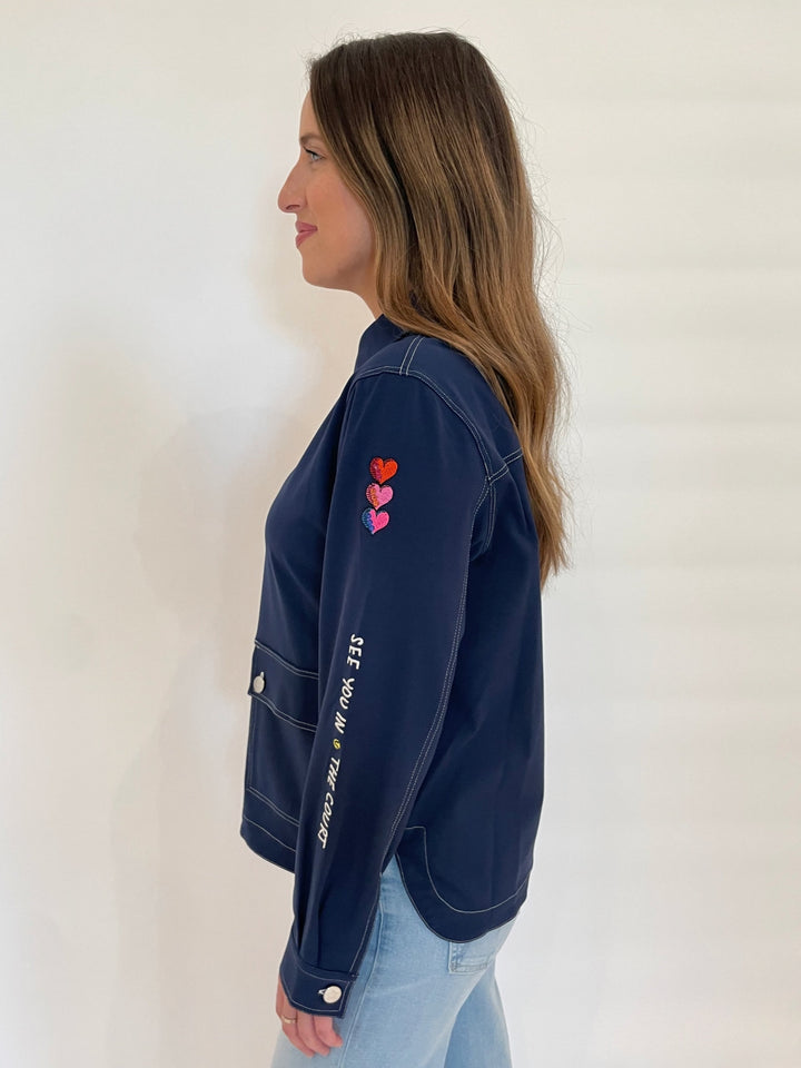 Vilagallo Frances Punto Roma Embroidered Jacket With Pockets in Navy available at Barbara Katz