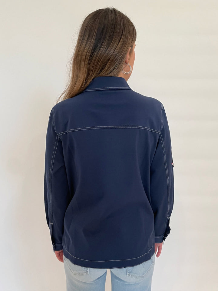 Vilagallo Frances Punto Roma Embroidered Jacket With Pockets in Navy available at Barbara Katz