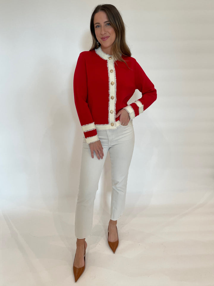 Vilagallo Isa Bicolor Knit Cardigan in Red/Ecru paired with White Jeans available at Barbara Katz