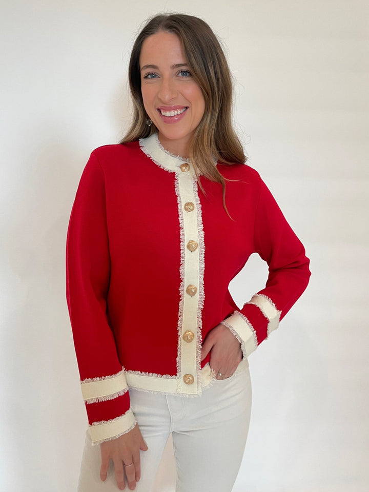 Vilagallo Isa Bicolor Knit Cardigan in Red/Ecru available at Barbara Katz