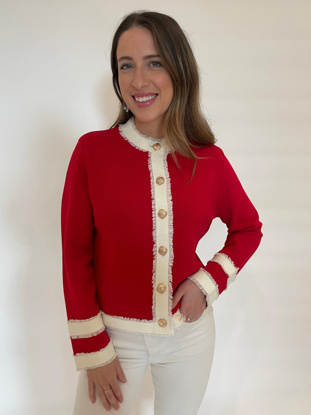 Vilagallo Isa Bicolor Knit Cardigan in Red/Ecru available at Barbara Katz