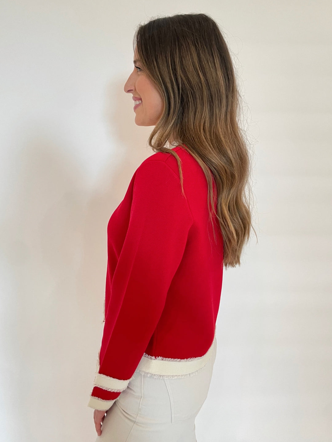 Vilagallo Isa Bicolor Long Sleeve Knit Cardigan in Red/Ecru available at Barbara Katz