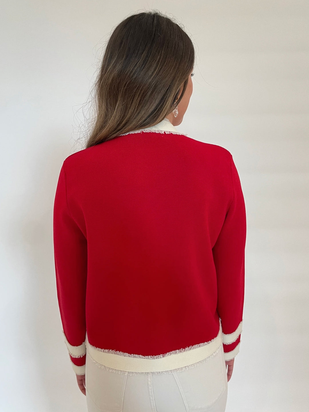 Vilagallo Isa Bicolor Knit Cardigan in Red/Ecru available at Barbara Katz