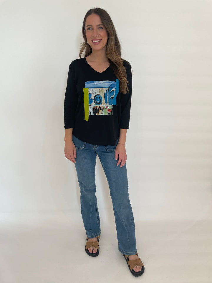 Suzi Roher Val 3/4 Sleeve V-Neck Tee in Black With Pie in the Sky Graphic available at Barbara Katz