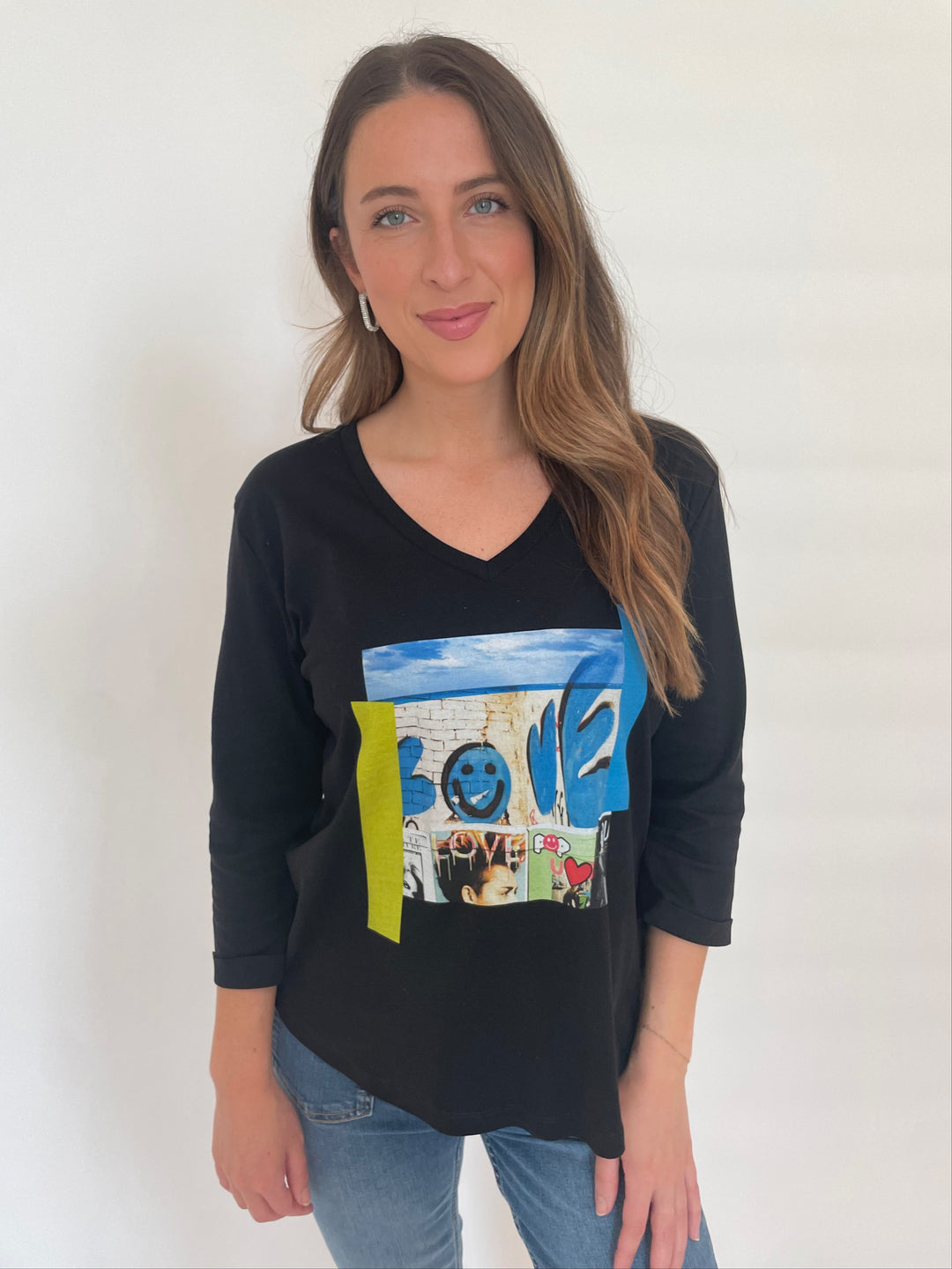 Suzi Roher Val 3/4 Sleeve V-Neck Tee in Black With Pie in the Sky Graphic available at Barbara Katz