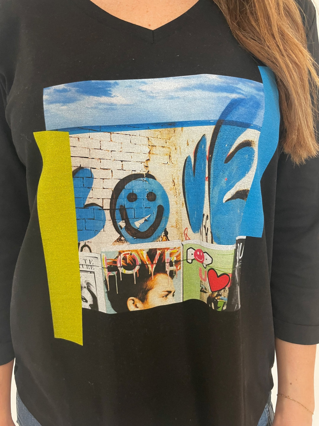 Suzi Roher Val 3/4 Sleeve V-Neck Tee in Black With Pie in the Sky Graphic available at Barbara Katz