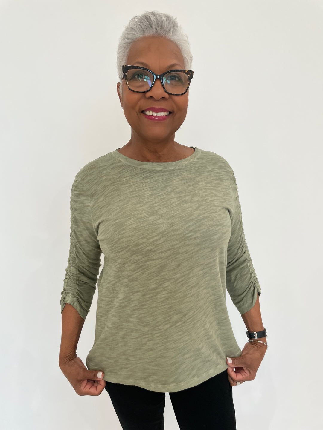 Elliott Lauren Hannah Crew Neck Ruched Sleeve Tee in Thyme available at Barbara Katz