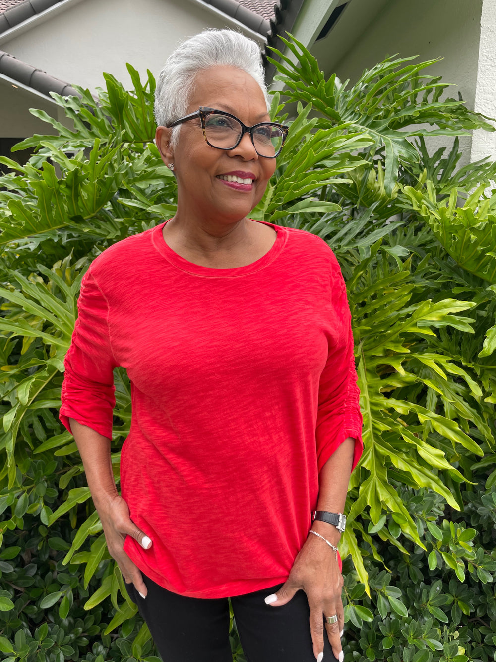 Elliott Lauren Hannah Crew Neck Ruched Sleeve Tee in Poppy Red available at Barbara Katz