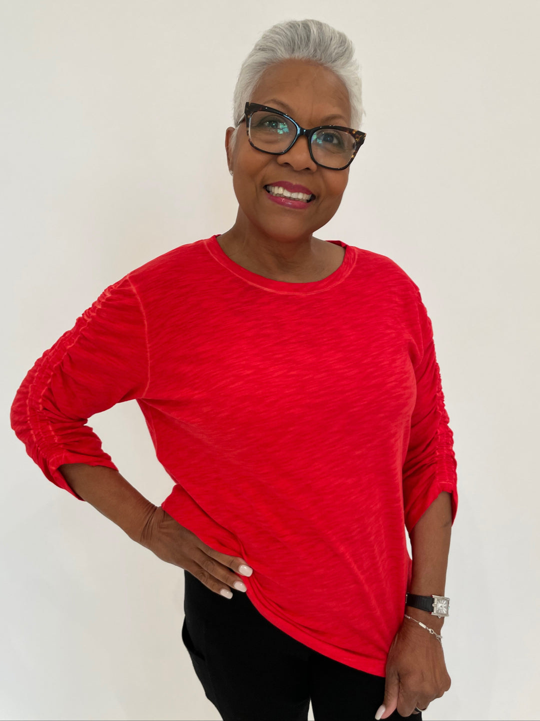 Elliott Lauren Hannah Crew Neck Ruched Sleeve Tee in Poppy available at Barbara Katz