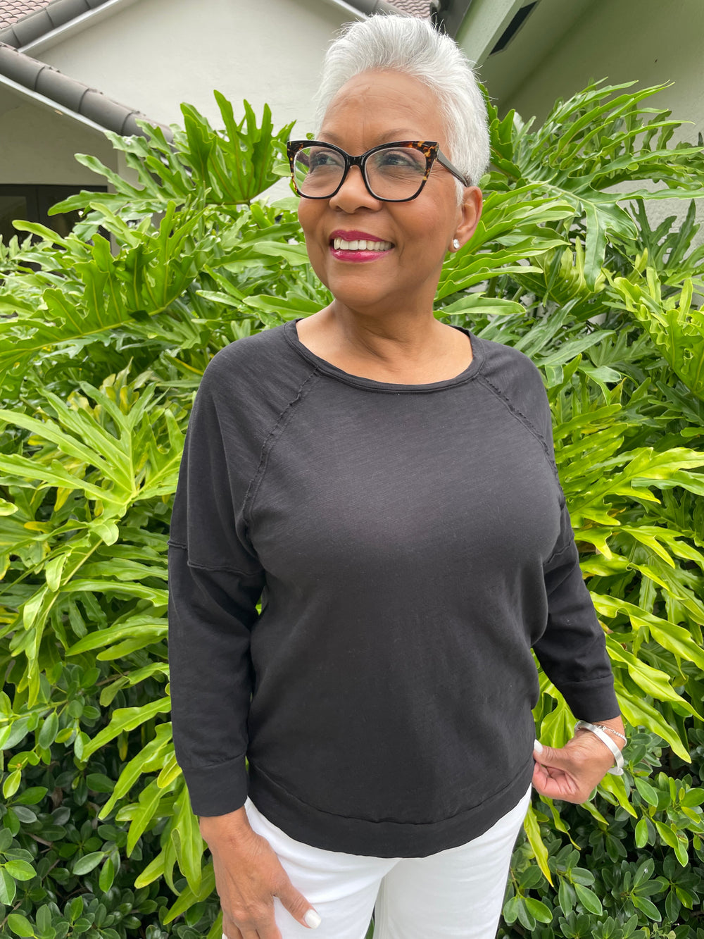 Elliott Lauren Lucy Raglan Sleeve Tee With Seam Detail in Black with Dean Davidson Silver Crosby Hinged Bangle available at Barbara Katz