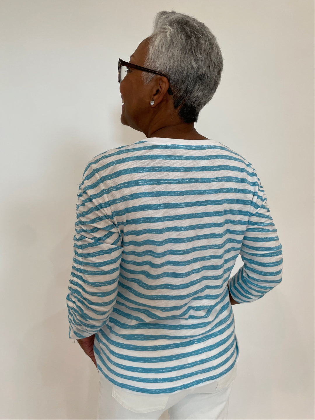 Elliott Lauren Stripe Ruched Sleeve Tee in Turquoise/White available at Barbara Katz