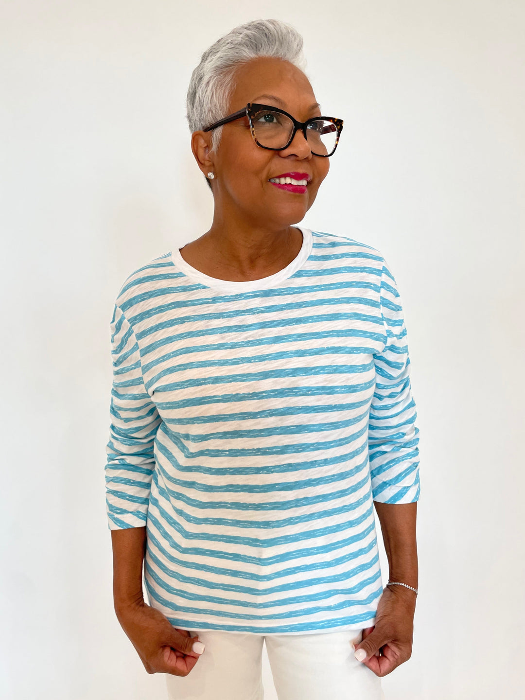 Elliott Lauren Stripe Ruched Sleeve Tee in Turquoise/White available at Barbara Katz