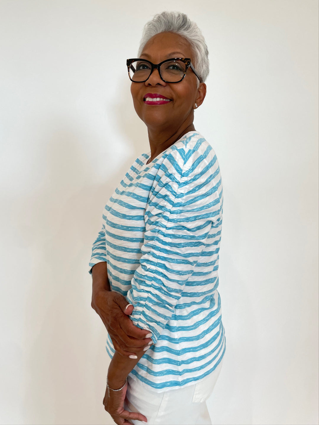 Elliott Lauren Stripe Ruched Sleeve Tee in Turquoise/White available at Barbara Katz